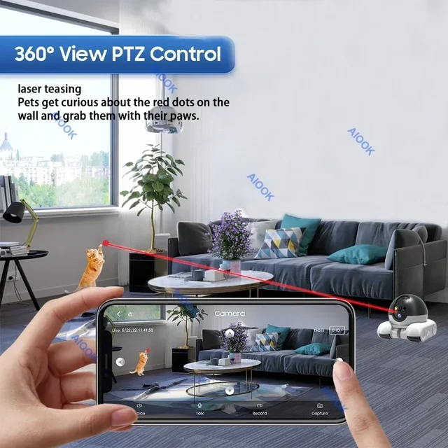 AIOOK Pet Camera HD 8MP 4K Dual Lens WIFI Camera Two-way Intercom Remote Pet Tracking Video Camera Night Vision 4