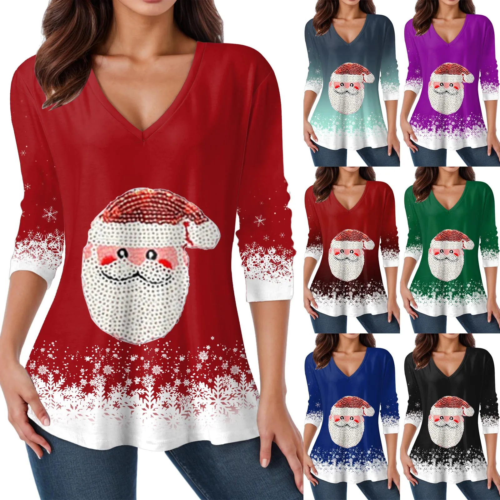 

Womens Cute Xmas Tee Vintage Womens Daily Christmas Print V Neck Tops Three Long Sleeve Tee Shirt Printed Flower Shirt Set Women
