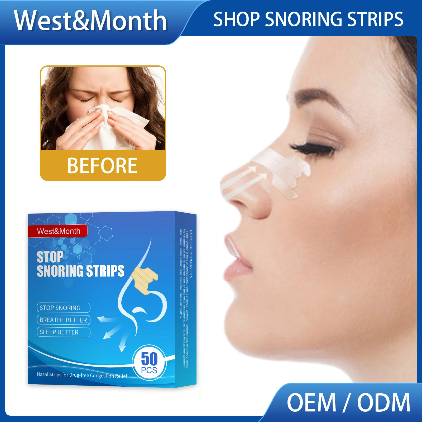 Comprar West&Month 50 tiras nasales para reducir los ronquidos y aliviar la  congestión nasal
