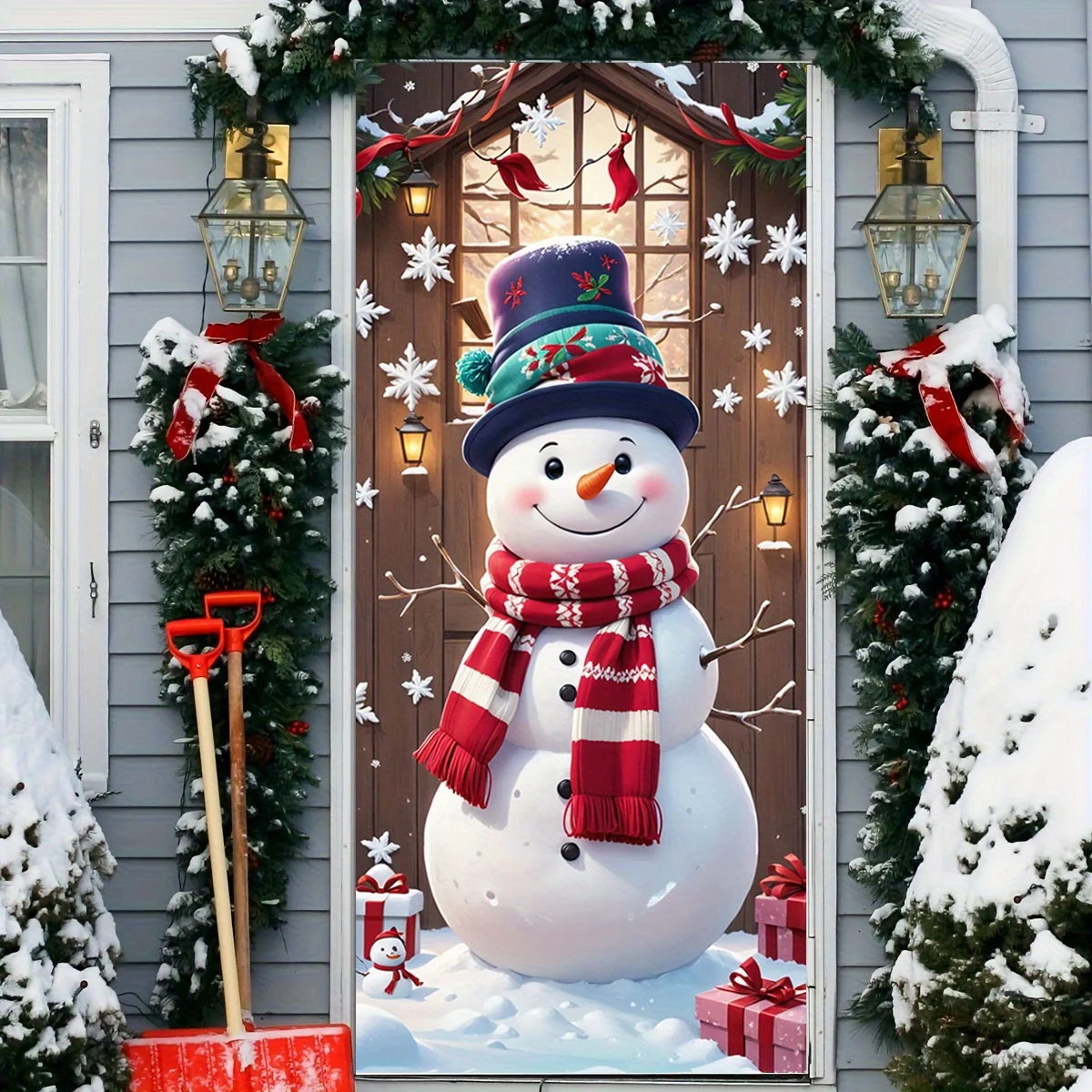 1 Stück 2D flacher Türrahmen Weihnachtsschneemann roter Schal und Wintermütze Türabdeckung, Winter-Neujahrsparty, keine Strom erforderlich – zs – Detail 2