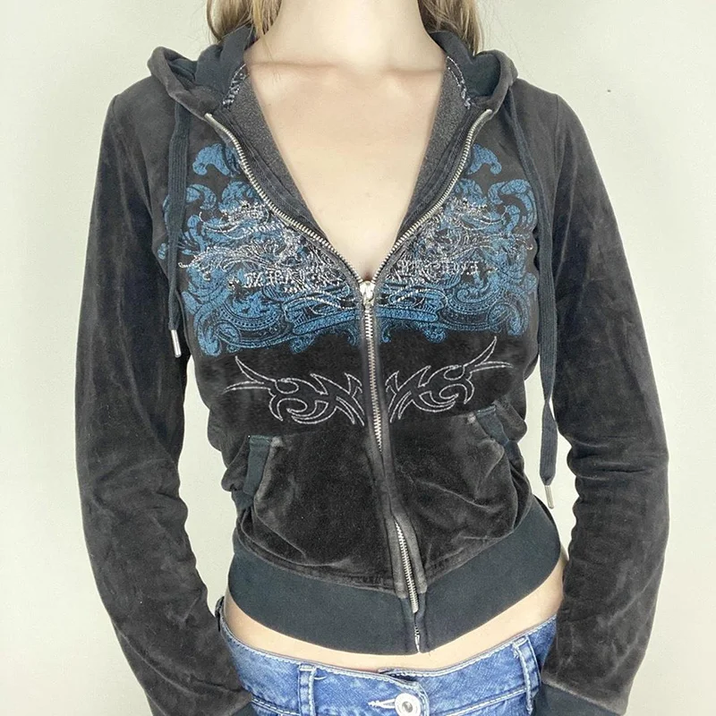 

Y2K Aesthetic Vintage Slim Sweatshirts Embroidery Graphic Pattern Zip Up Hoodies 2000s Retro Grunge Mall Goth Jacket Autumn Coat