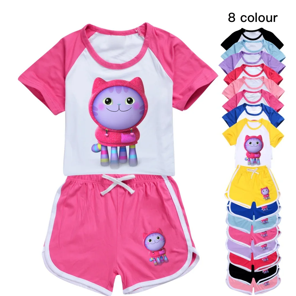 

Одежда для маленьких мальчиков Gabbys с кукольным домиком, летняя Пижама, хлопковая футболка с коротким рукавом и шорты с кошками, костюм для девочек, комплект спортивной одежды