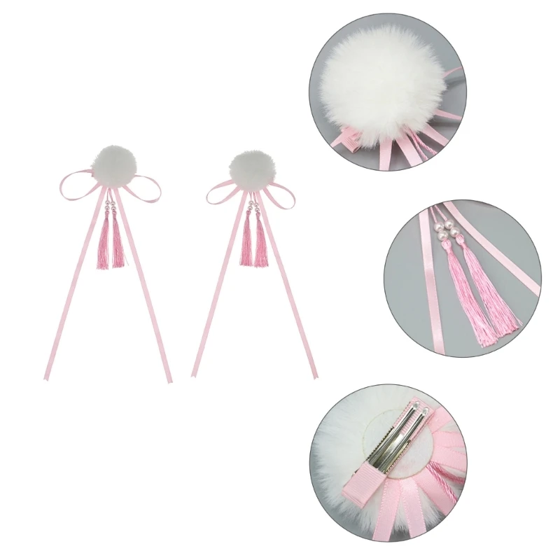 Cute Pompom Ball Hair Clips 2Pcs with Bowknot Bell/Tassel Sweet Faux Fur Animal Ears Hairpin Anime Lolita Barrette Cosplay Decor hair accessories,anime cosplay props