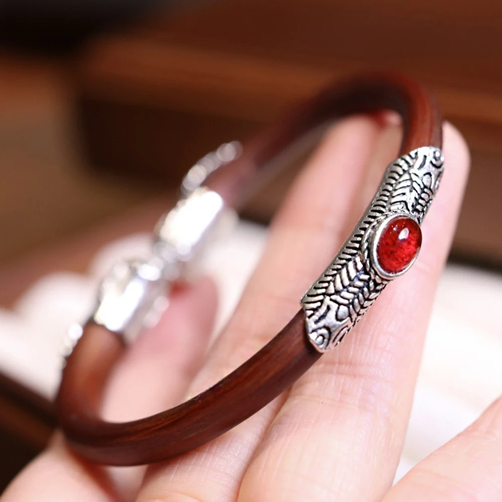 Natural Chicken Blood Vine Cuff Bangles Vintage Couple Set Cat's Eye Stone Opening Knotless Wooden Bracelet Party Jewelry Gifts