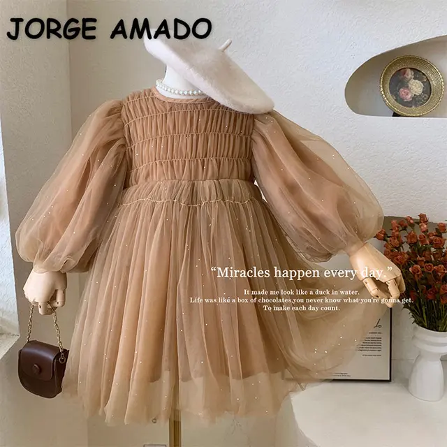 Style coréen nouveau printemps automne enfants fille robe manches longues café col rond maille robe de princesse enfant vêtements E22001 1
