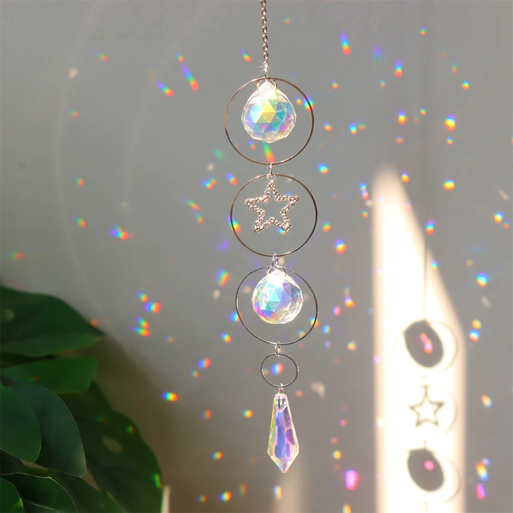 Crystal Wind Chime Pentagram Sun Catcher Diamond Prisms Pendant Dream Catcher Rainbow Chaser Hanging Drop Home Garden Decor