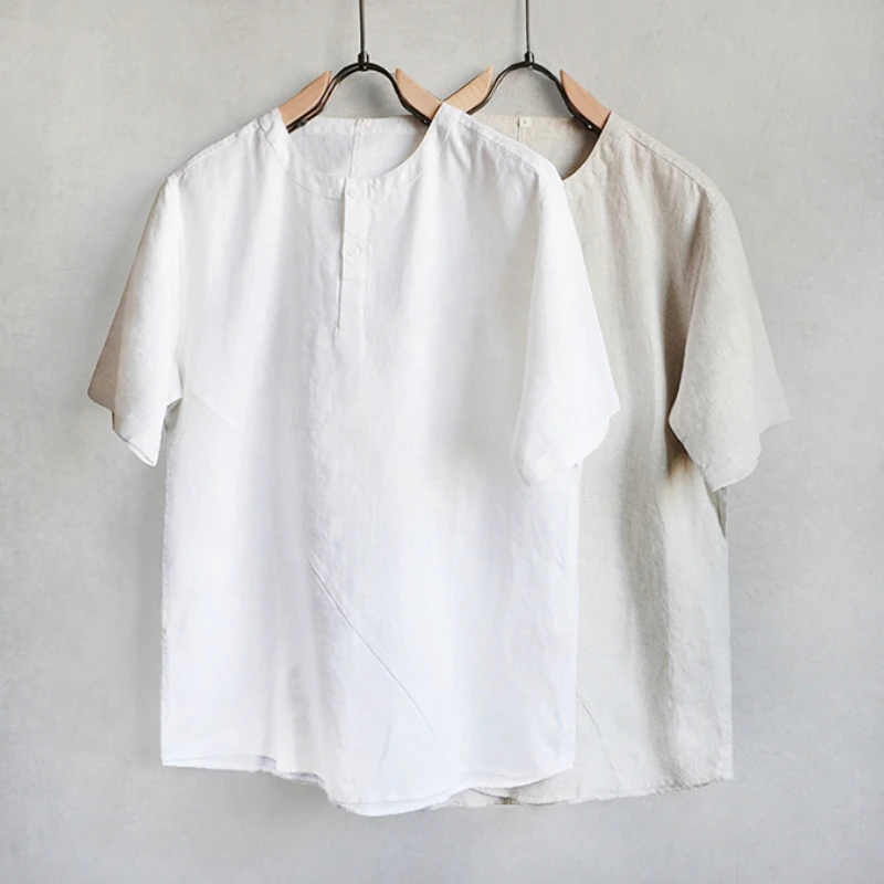 Chinese Style Linen Cotton Short Sleeve Shirt for Men Summer Round Neck Casual Loose-fit Breathable Lightweight Top