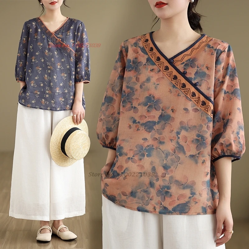 

2024 traditional chinese ethnic blouse national flower print embroidery hanfu tops vintage blouse oriental v-neck folk blouse