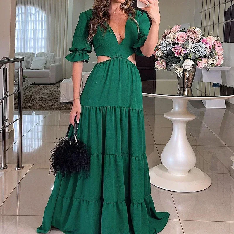 

Sexy Deep V-neck High Waist Hollow Maxi Dress Women Spring Solid Pleated Long Dress Autumn Half Sleeve Swing Party Dresses