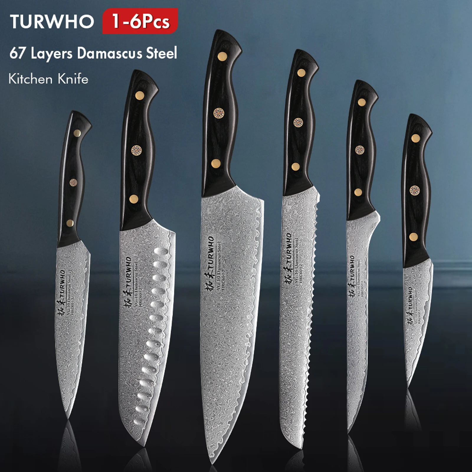 TURWHO 16PCS Kitchen Knives Set 67 Layer Damascus Steel Japanese Chef Knife VG10 Core Santoku