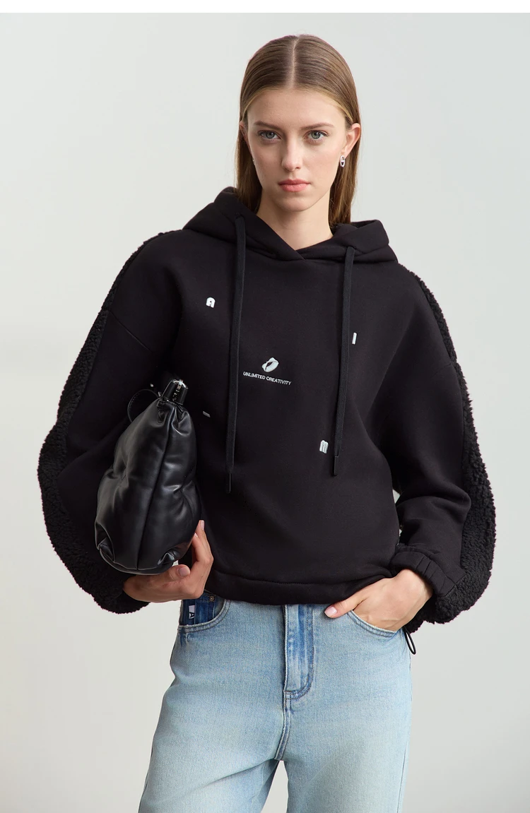 Amii Drawstring Hooded Splicing Imitation Lamb Wool Sweatshirt Embroidered 2024 Winter Women's Loose Thermal Tops 12444131