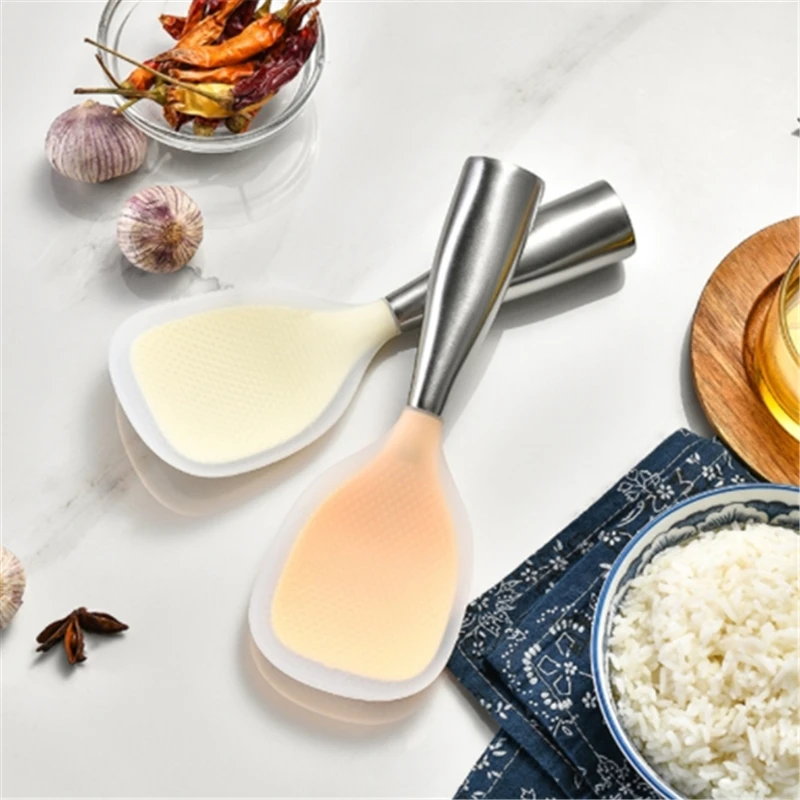 304 Stainless Steel Handle Rice Spoon Non-stick Silicone Serving Soup Scoop Dish Scrapers Kitchen Tools Heat Resistant