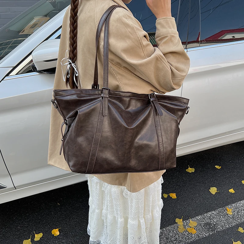 Retro PU Tote Purses Slouchy Tote Handbag Solid Color Crossbody Purses Adjustable Strap for Women Daily Use and Special Occasion