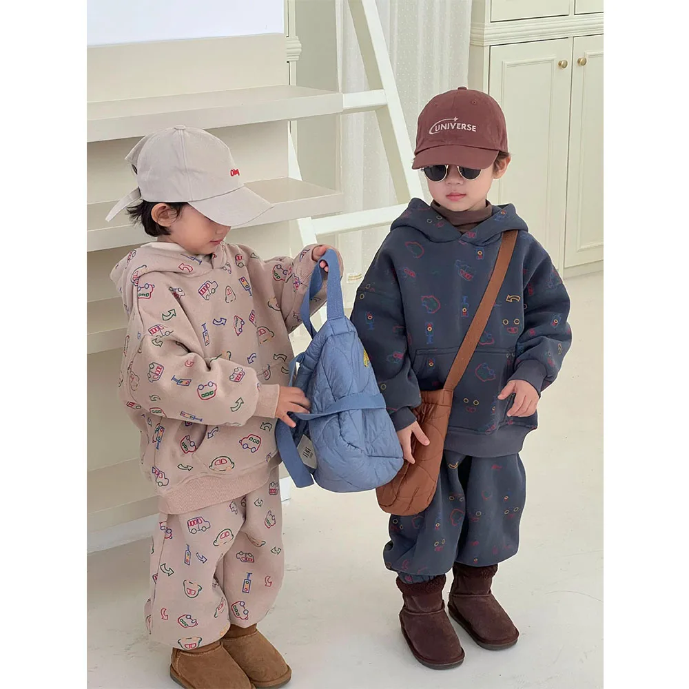 

Thicken Warm Kids Hoodies Sets Cartoon Print Hooded Loose Pullover Sweatershirt+Elastic Waist Baggy Pants 2pcs Girls Boys Suits