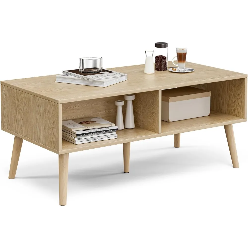 Boho Coffee Table with Rattan Drawer and Solid Wood Legs, Storage Living Room Table, Oak Finish