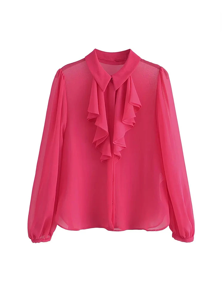 

TRAF Women Fashion with Ruffles Semi-Sheer Shirts Sexy Lantern Sleeve Front Button Female Blouses Blusas Chic Casual Tops