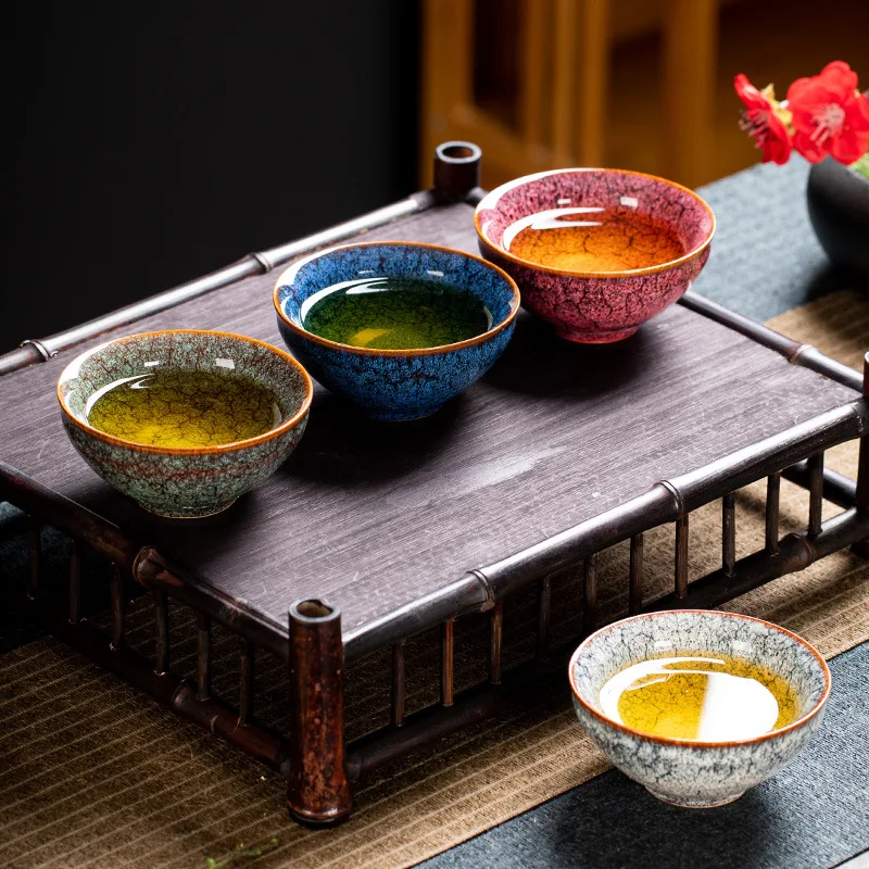 Kiln Change Four Seasons Cup Master Tea Bowl Gift Box Teacup Kung Fu Set Household Ceramic Cups Teaware Kitchen Dining Bar Home