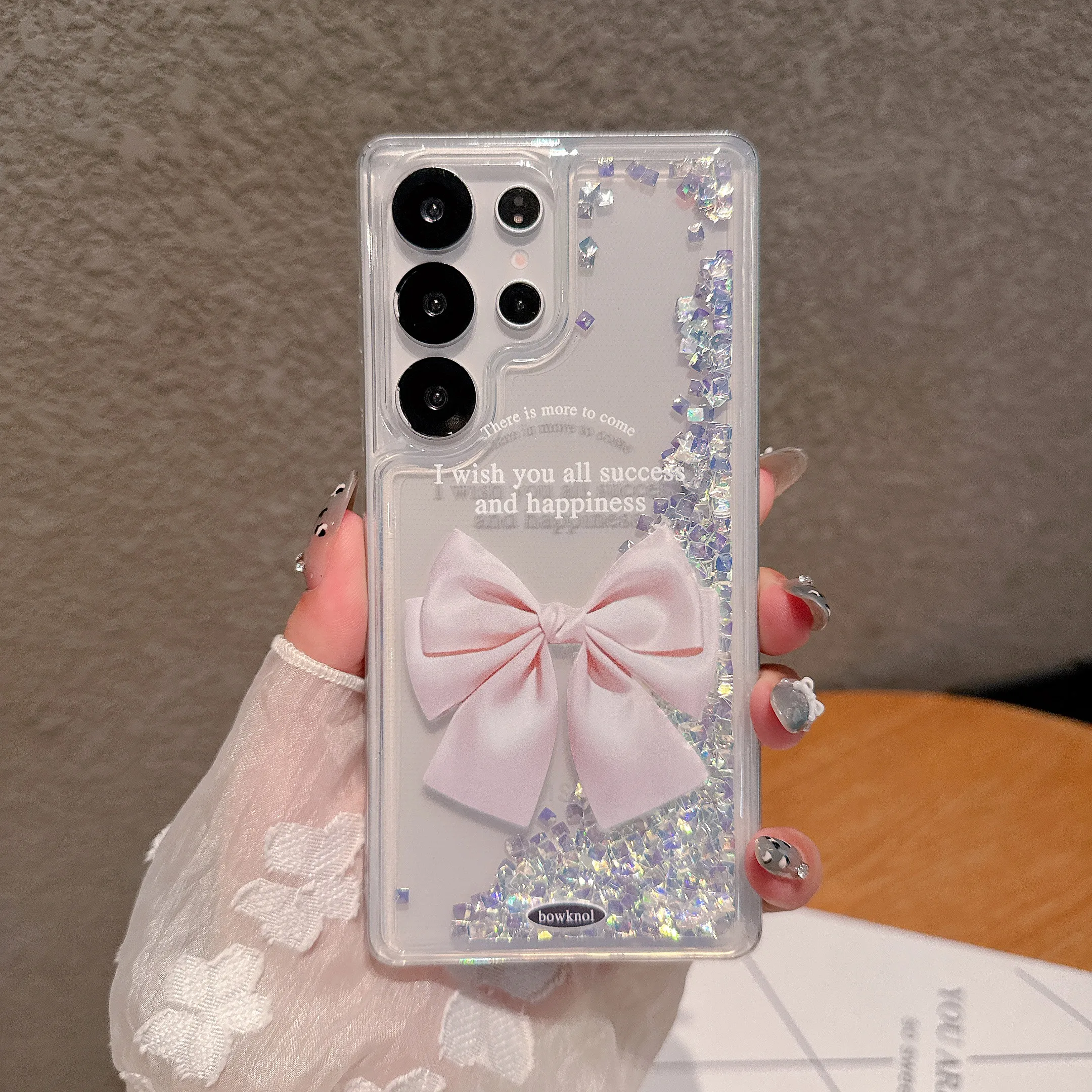 Luxury Luminous Quicksand Glitter Phone Case with Big Bow and Lanyard