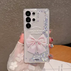 Luxury Luminous Quicksand Glitter Phone Case with Big Bow and Lanyard - Galaxy S23 Ultra (Case)