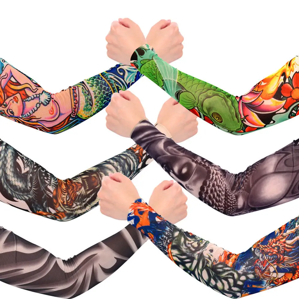 Men Women Long Summer Tattoo Sleeves Seamless Armguard Sun Protection Cover Outdoor Gloves Driving Ice Silk 8pcs sunscreen arm sleeves ice sleeves