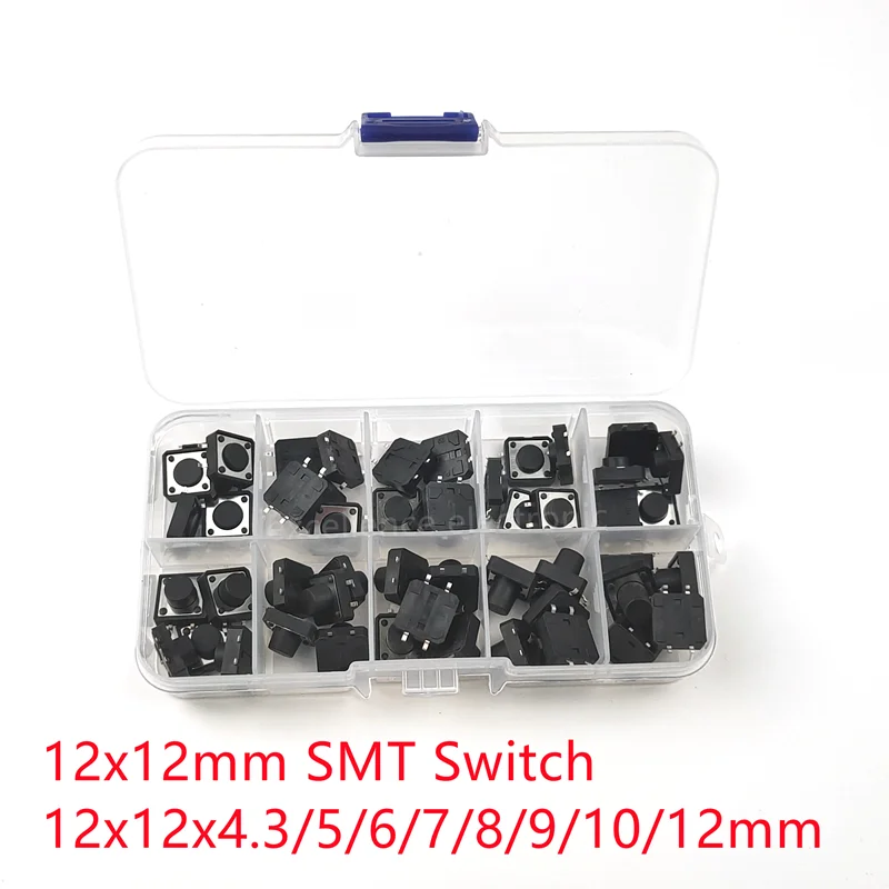 50 개/상자 12x12mm 패널 PCB 순간 촉각 전술 미니 푸시 버튼 스위치 DIP / SMD 4pin 12x12x4.3/5/6/7/8/10/12MM 12*12*4.3MM