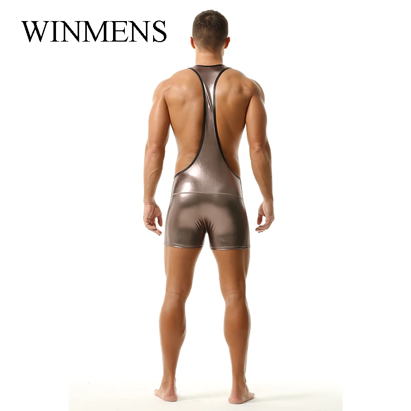 Men's Shiny Jumpsuit Splicing Imitation Leather and Mesh Elastic One Piece Underwear Halter Sleeveless Low-necked Costume