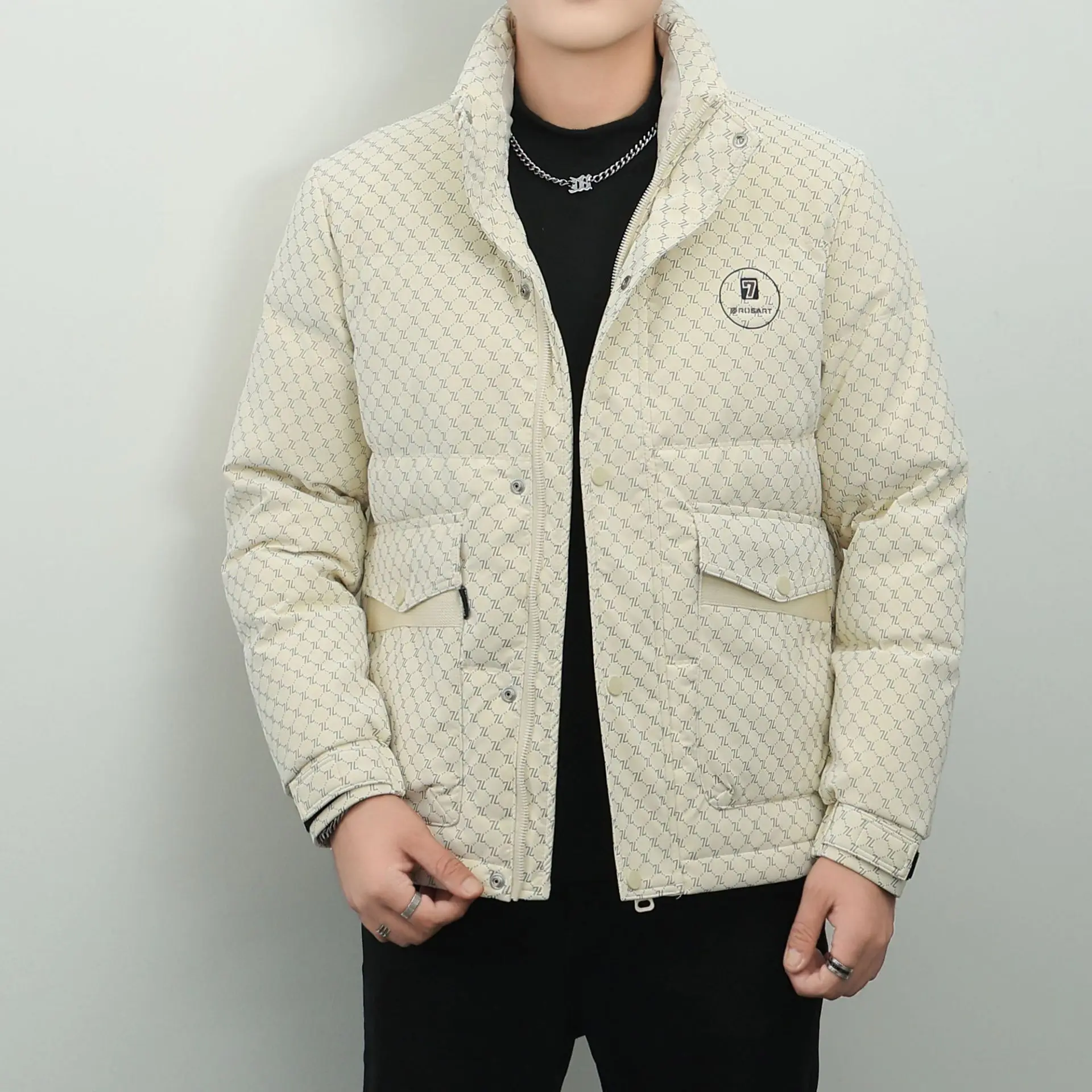 Hip Hop Men PU Leather White Duck Down Jackets Fall Winter Full Print Puffer Down Coats Male Cold Proof Warm Parkas Outwear