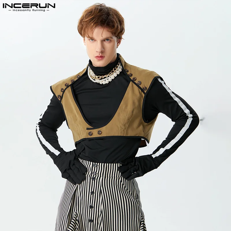 

2024 Men Irregular Vests Solid Color O-neck Sleeveless Button Casual Male Waistcoats Streetwear Fashion Crop Vests S-3XL INCERUN