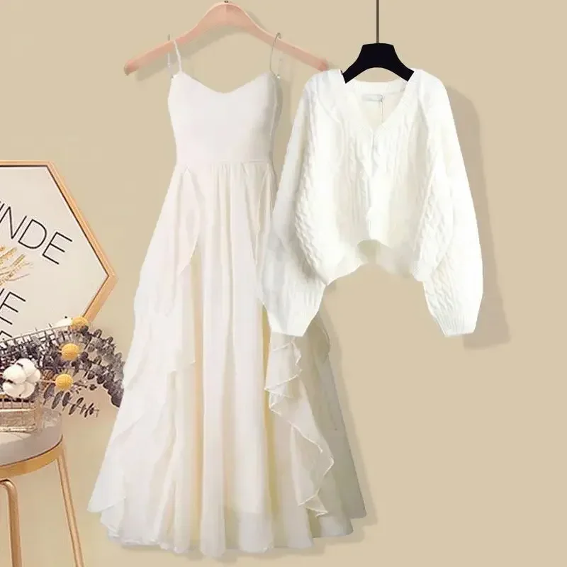 여성용 V넥 스웨터 니트 원피스 투피스, 한국 우아한 상의 스커트 수트, 여성 의상, 가을, 겨울, 플러스 사이즈, 새로운 패션 