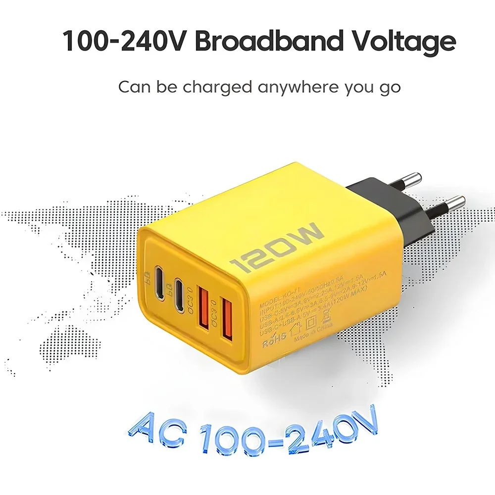 120W 2 USB+2 Type-C 4 Ports Wall Charger Fast Charging EU/US/UK Plug Power Adapter Xiaomi iPhone Samsung Huawei Phone/Tablet