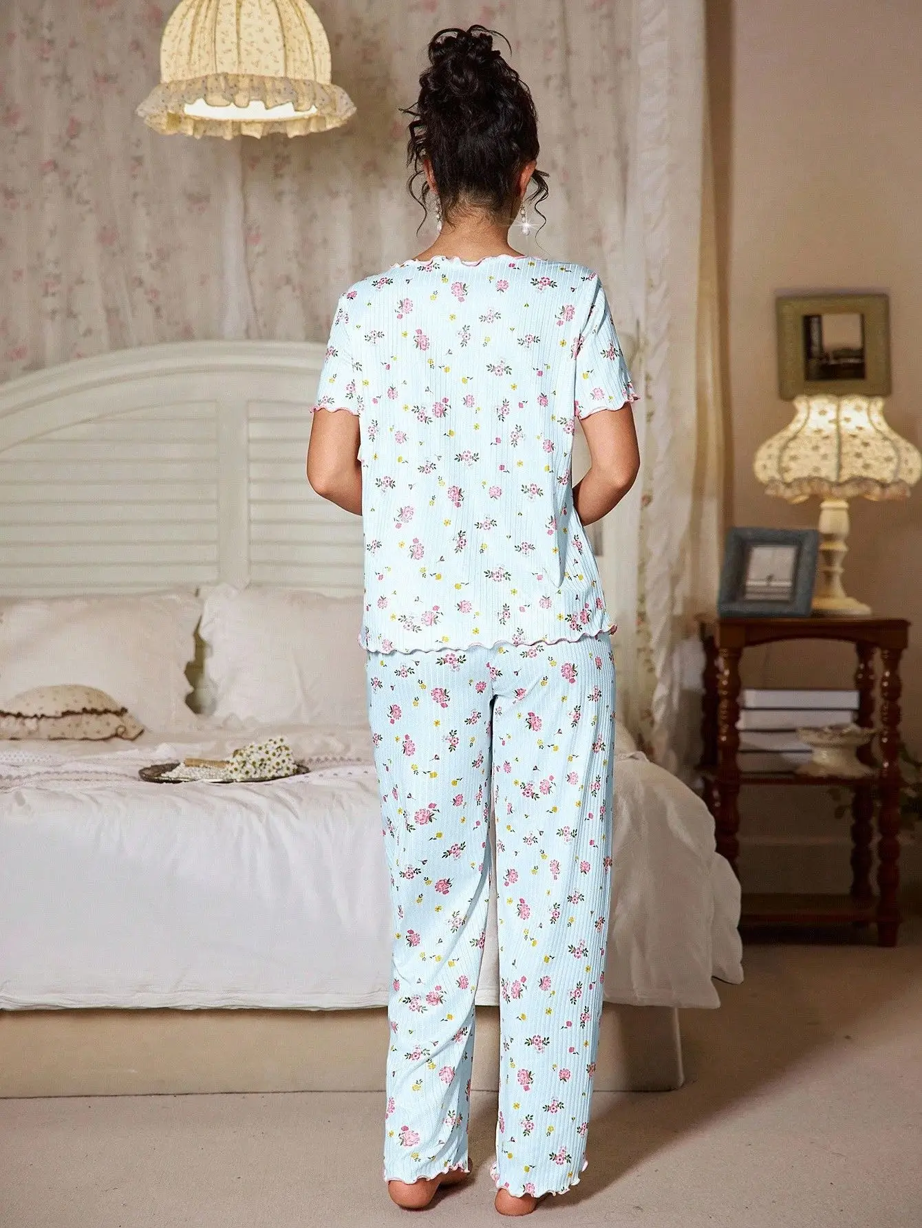 New European and American style loose-fitting women's pajamas, floral short-sleeved long pants home wear, casual two-piece set s