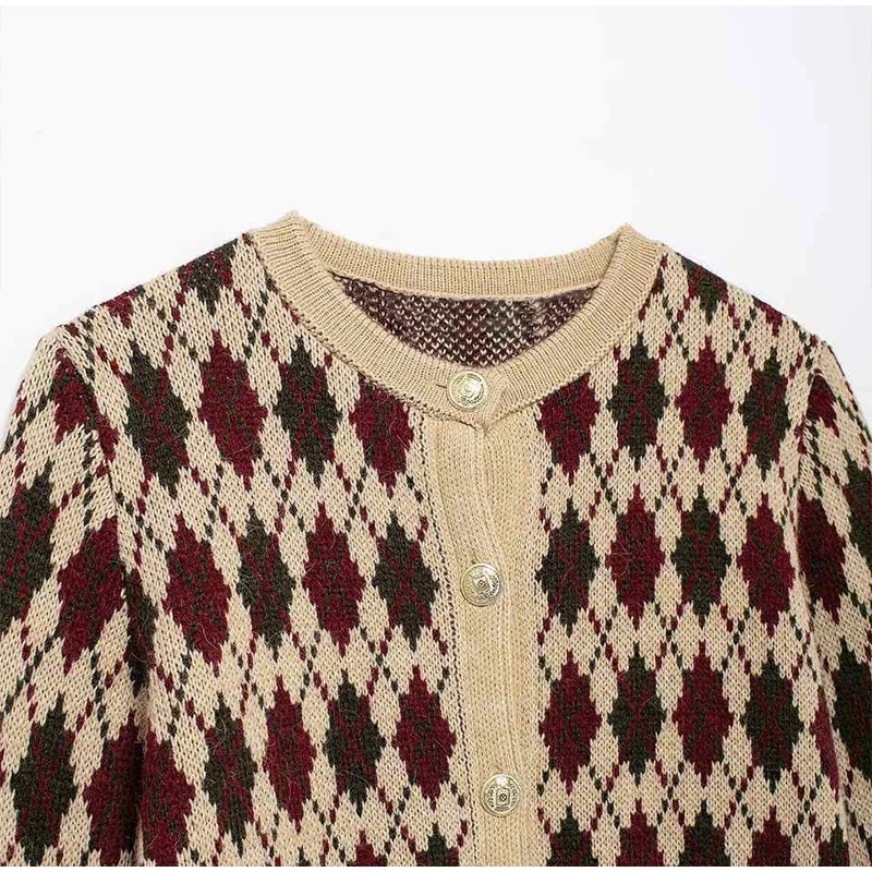 Plaid Knitted Slim Cardigan Women Autumn O-neck Long Sleeve Metal Button Short Sweater Coat Lady All-matching Knitwear New