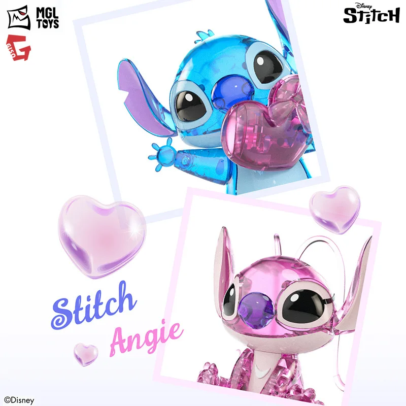 

14cm Genuine Disney Stitch Angie Building Blocks Anime Action Figures Transparent Crystal Blocks Couple Models Toys For Children