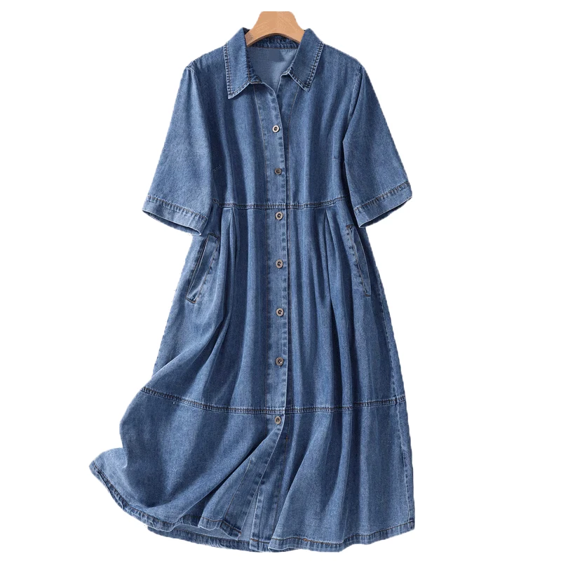 chinese dress ladies Button Up Notched Long Sleeve Denim Dress main image 1