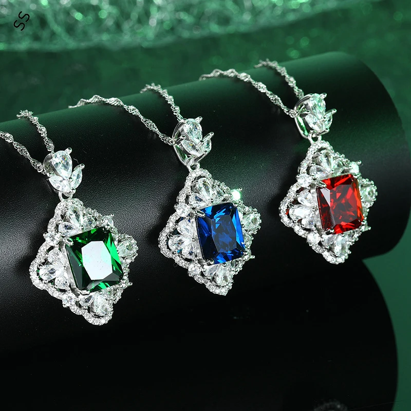 

European and American Retro Square Pendant Imitation Gem Female Necklace Accessories 3 Colors Options