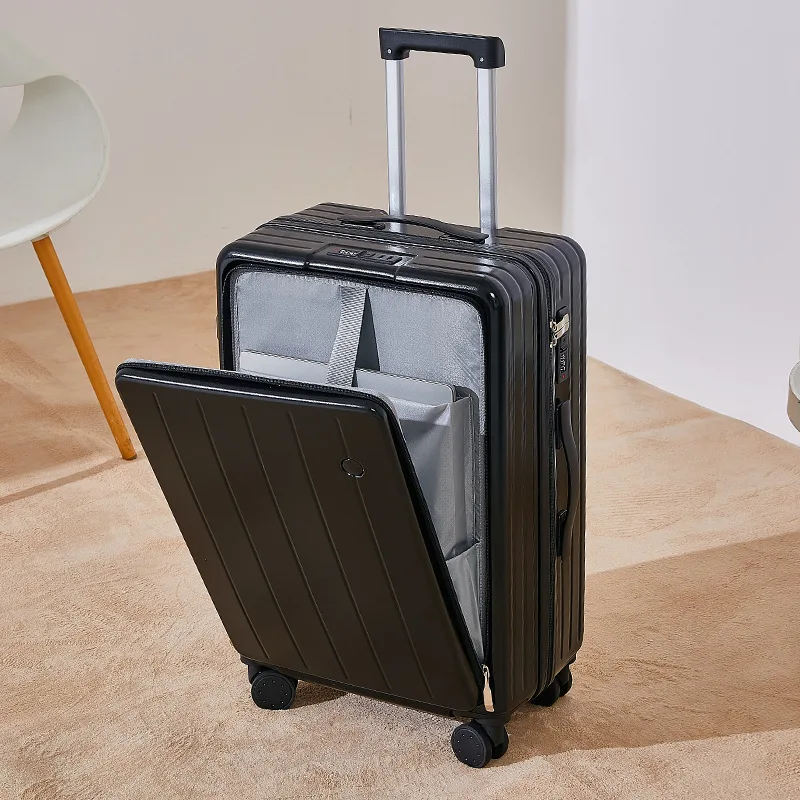 PLUENLI Front Open Cover Boarding Case Multi-Functional Luggage Business Universal Wheel Trolley Case Unisex Luggage