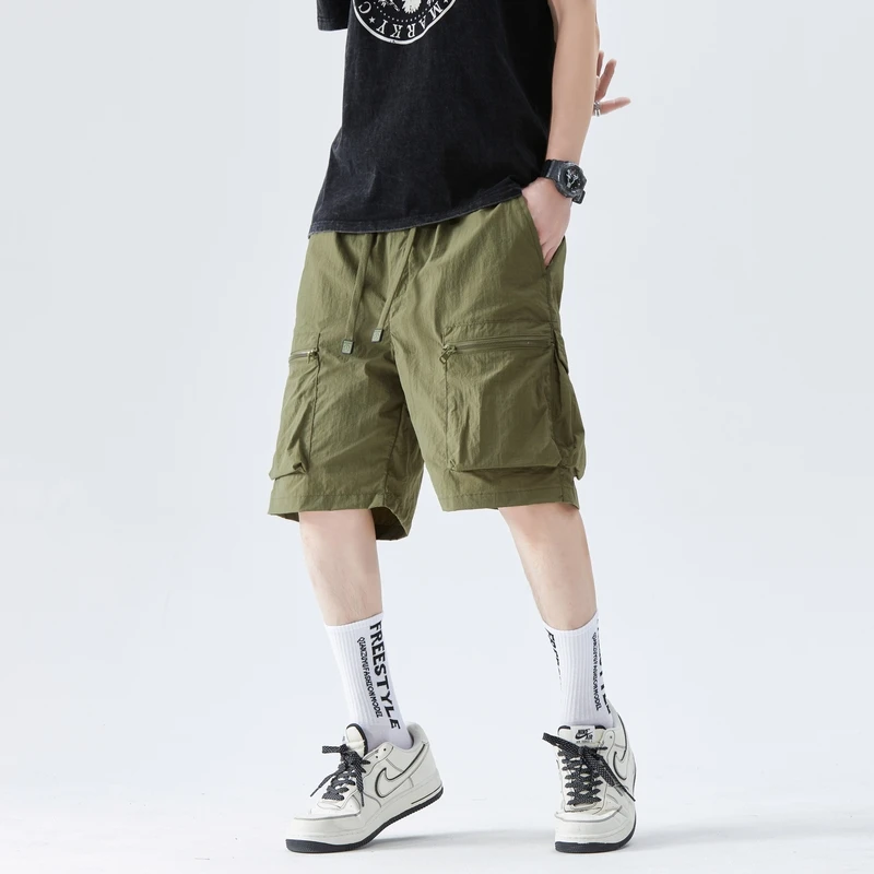 

Youthful Vitality Safari Style Casual Shorts Men's Clothing Stylish Zipper Pockets Spliced Summer Loose Solid Color Knee Pants