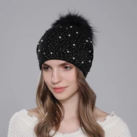 CNTANG Decorate Pearl Women Beanie Knitted Wool Hats Fashion Natural Raccoon Fur Pompom Hat Autumn Winter Warm Casual Ladies Cap 1
