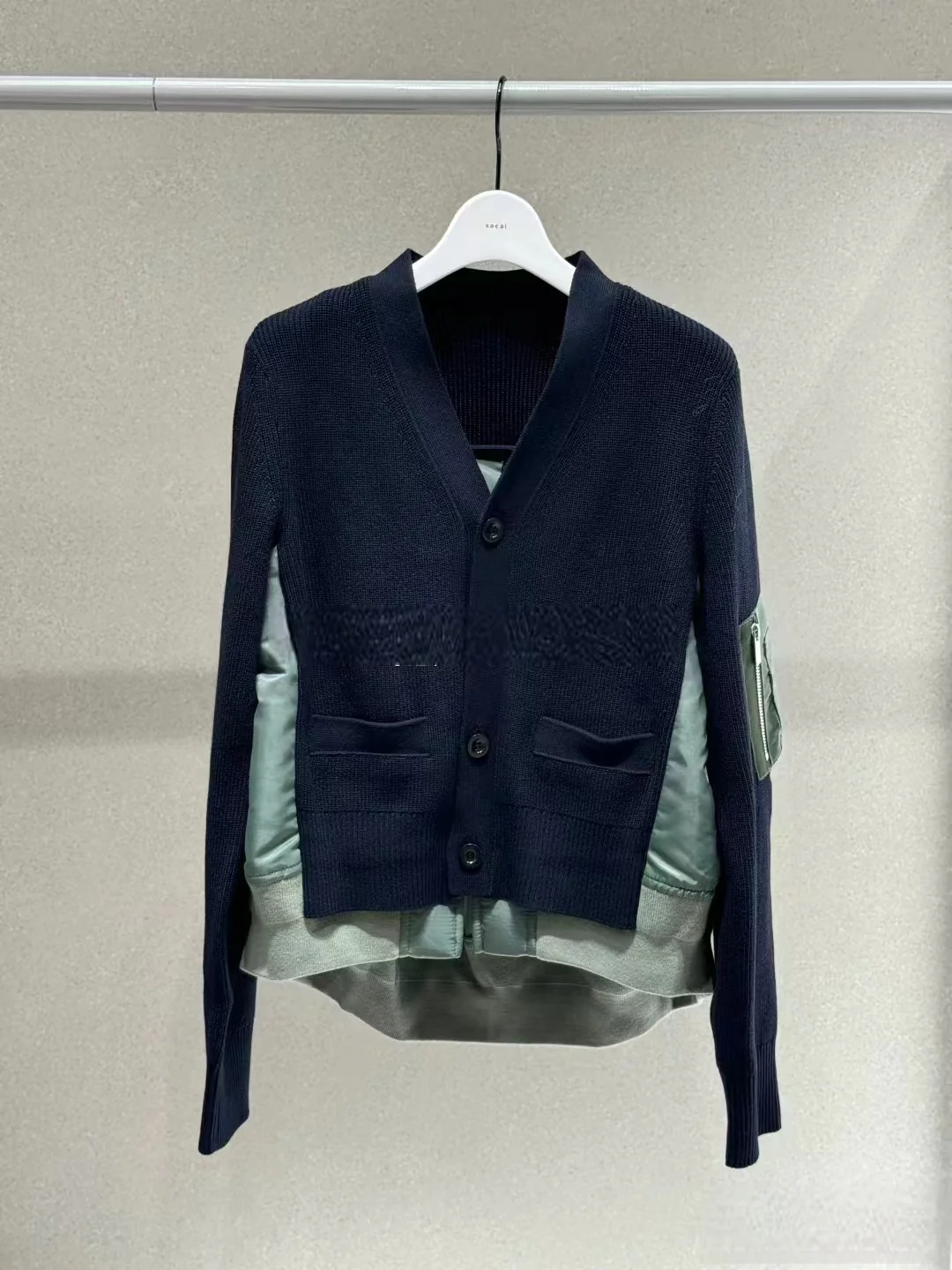 FOG SACAI Japanese Sle Spliced Long Sve Knitted Sweater Cardigan Women's Faion Autumn Winter V-ne Polyester Fiber