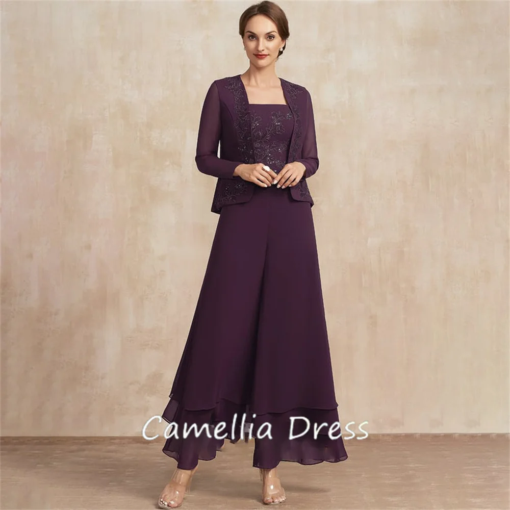 

New Square Neck Mother Of The Bride Dress Jumpsuit Ankle-Length Chiffon Lace Formal Dresses Vestidos Mae Da Noiva Casamentos