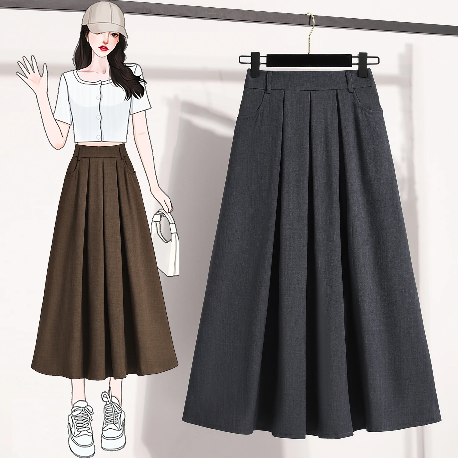 Coffee pleated high-waisted bustier skirt female spring and summer new Korean version of the loose large size fashion temperamen 2