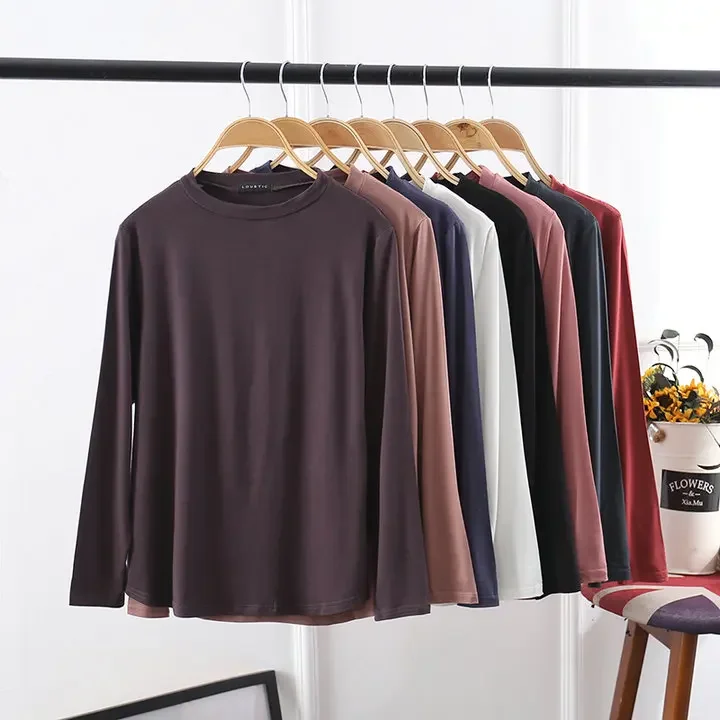 

Базовый пуловер оверсайз для женщин, футболка для весны и осени с круглым вырезом и длинным рукавом, Однотонная футболка из модала, приталенные топы для сна