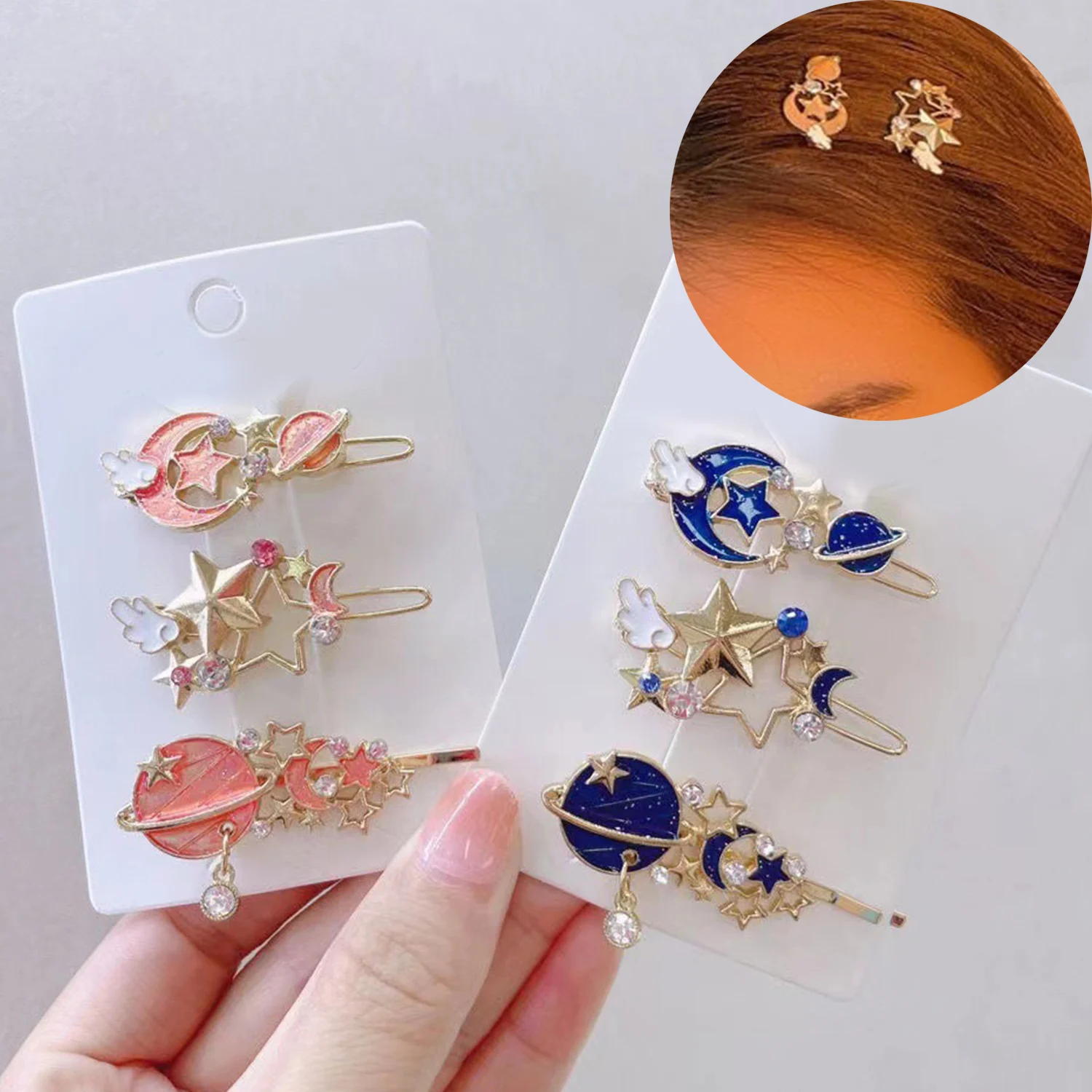 

3Pcs/Set 2023 Japan New Fantasy Starry Sky Moon Crystal Glaze Metal Hair Clips Hairpins Hair Accessories For Women Girls Jewelry