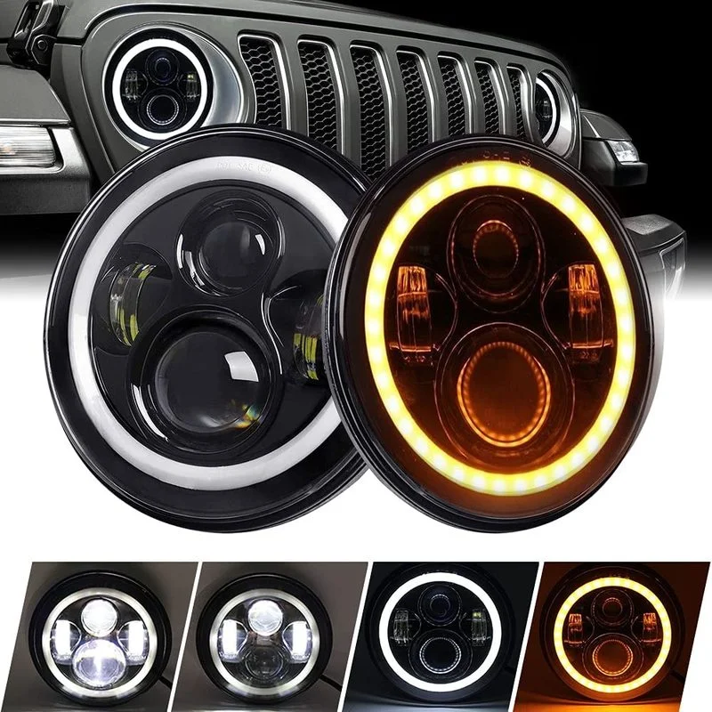 

7 Inch Round LED Motorcycle Headlight with 60W Cree Hi/Low Beam, Amber & White DRL Halo Ring Angle Eyes for Motorcycle Car Suv