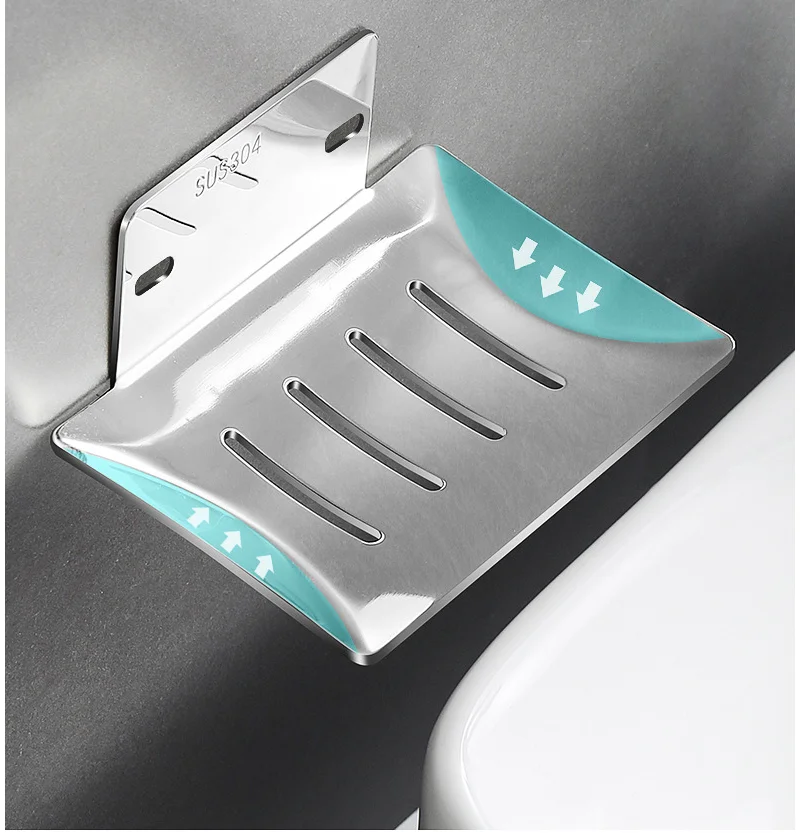 Soap Holder Soap Dish Rack Stainless Steel Perforated Free Soap Rack Wall-mounted Soap Dish Holder Self Adhesive Dishes Bathroom Accessories