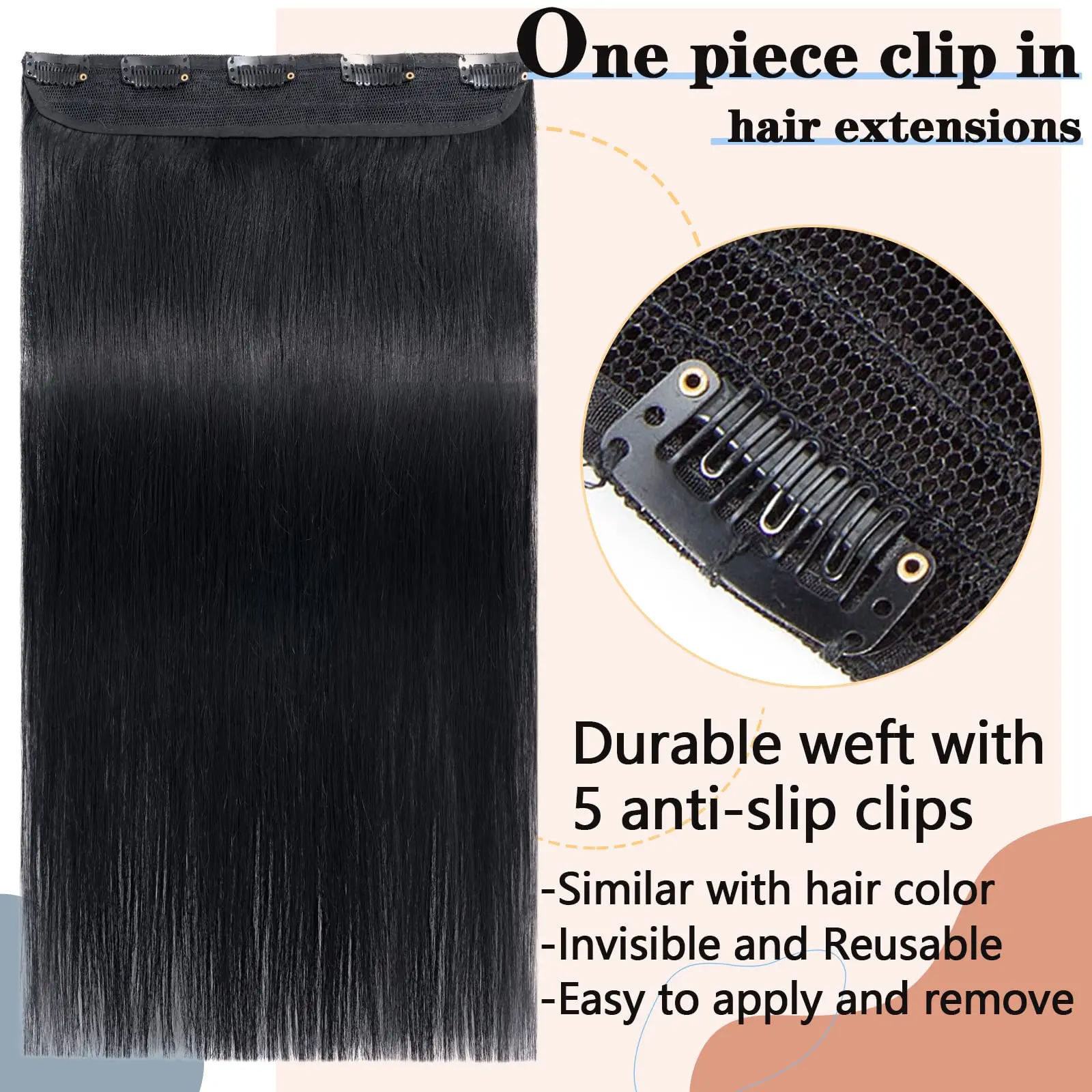 Hair Extension Clip in Hair Extensions Real Human Hairs Black Straight Extensions Head with 5 Clips One Piece Hair Clip in #1 Jet Black 26 Inch