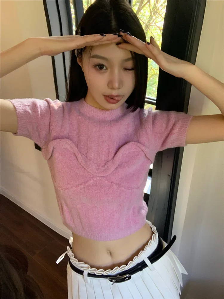 

Aesthetic Crewneck Casual Knitted Women Sweater Half High Collar Short Sleeve Crop Pullover Harajuku Solid Sweet Sueter Mujer