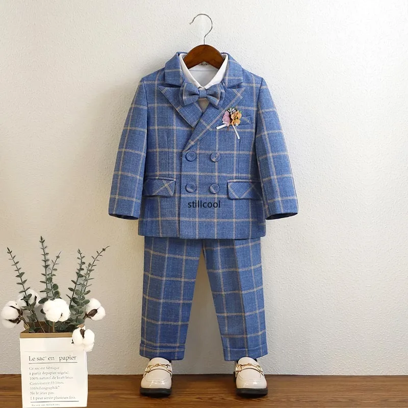 

Boys Blazer Set British Plaid Wedding Suit for Children Piano Performance Costume Handsome Toddler Birthday Photography Outfits