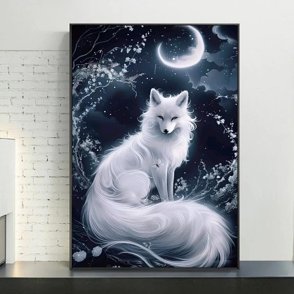 2024 Diamond Painting Art Mosaic Jewelry Cross Stitch Kit Fantasy White Fox Moon 5D DIY Rhinestone Embroidery Home Decor Gift 1