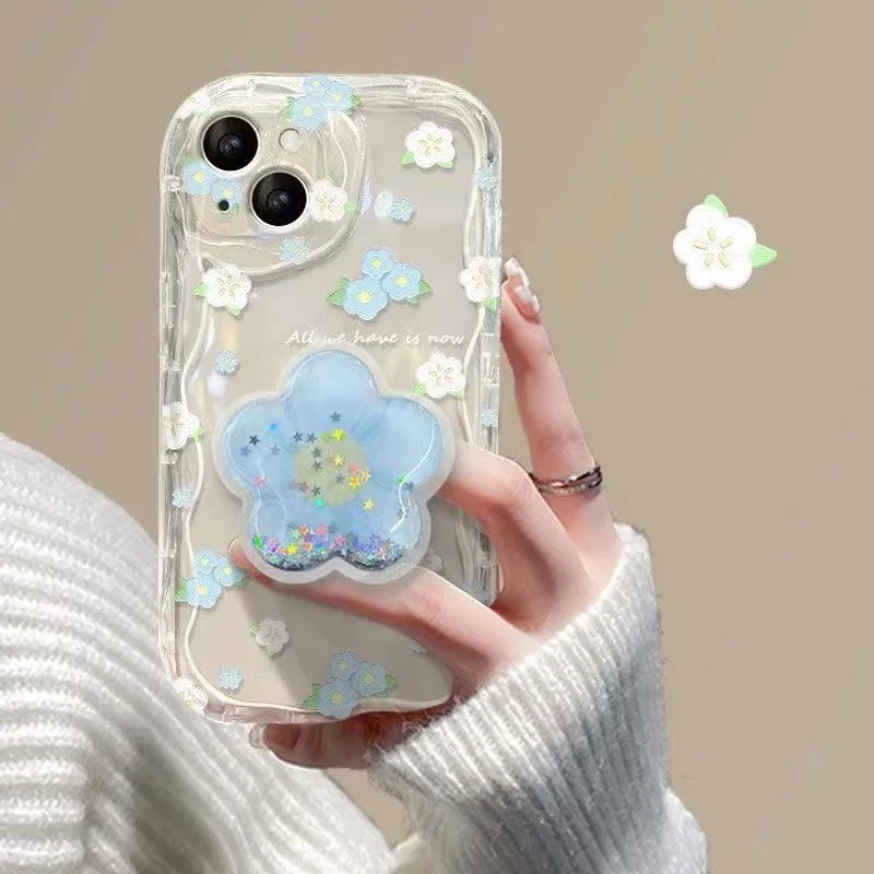 Chic Blue Floral Quicksand Grip Phone Case with Soft Holder